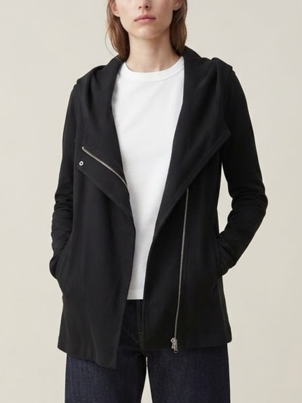 HELMUT LANG Black Asymmetric Zip Hooded Cotton Blend Moto Jacket Petite